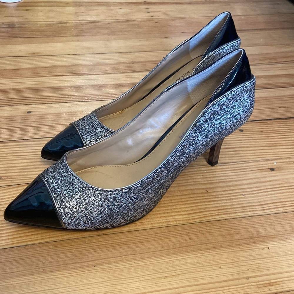 ANTONIO MELANI Patent Leather Cap Toe Metallic Silver Black Woven Heels